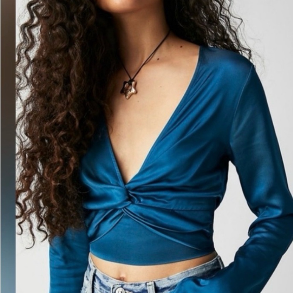 Free People Miraya Teal Long Sleeve Crop Top